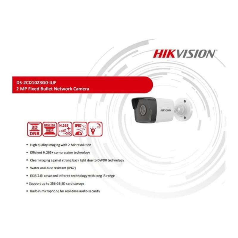 HIKVISION DS-2CD1023G0-IUF 2MP 4mm Lens H265+30Mt Gece Görüşü SD Kart Dahili Mikrofon PoE Bullet IP Kamera