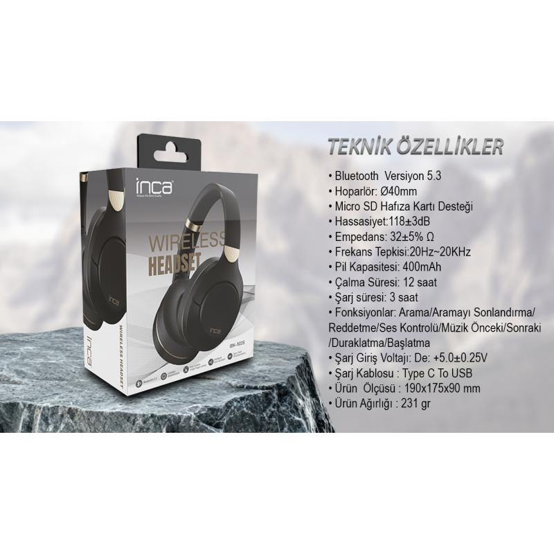 INCA Ibk-503S Kablosuz 5.3 Bluetooth Hafıza Kart Destekli Kulak Üstü Kulaklık Bej SİYAH