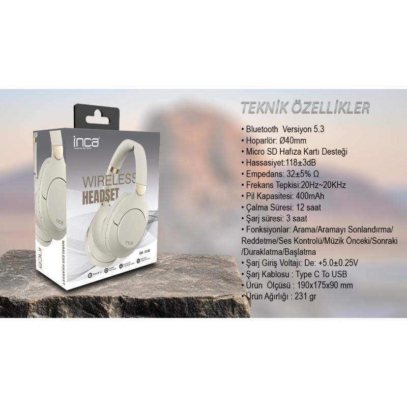 INCA Ibk-503b Kablosuz 5.3 Bluetooth Hafıza Kart Destekli Kulak Üstü Kulaklık Bej BEYAZ