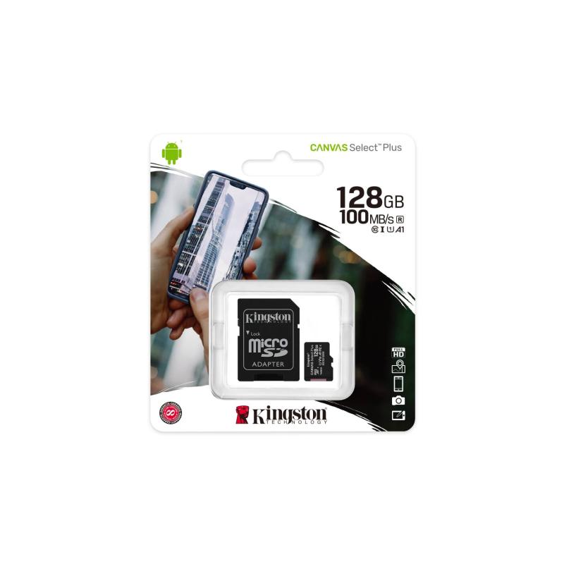 KINGSTON Canvas Select Plus 128GB U1,V10,Class 10,FHD 100MB/s,100MB/s microSDXC UHS-I HAFIZA KARTI+ADAPTÖRLÜ