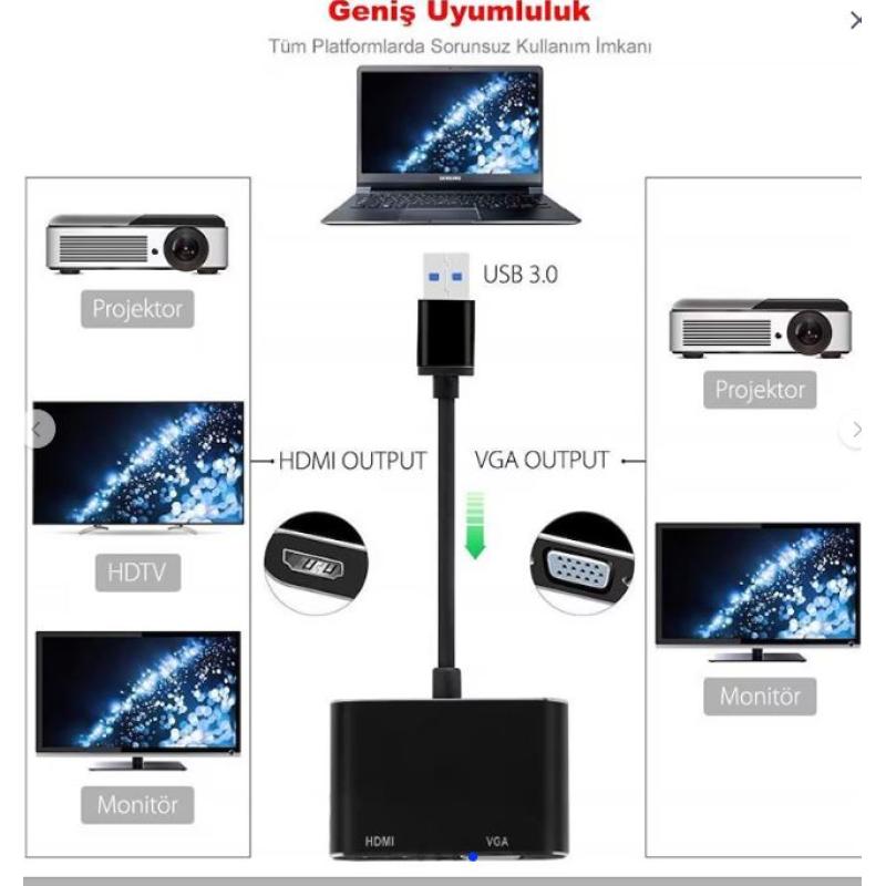 NIVATECH NTC-1312 USB to HDMI+VGA  ADAPTOR Usb 3.0 To Hdmi Vga 1080P Monitör Genişletici Çevirici Dönüştürücü Adapt