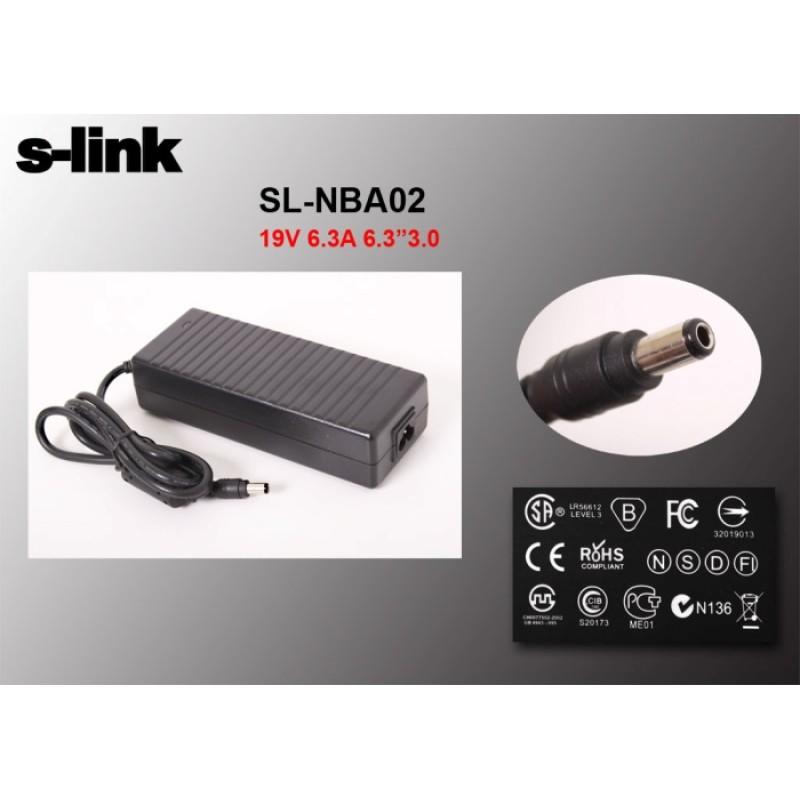 SLINK SL-NBA02 120W 19V 6.3A 6.3x3.0 Toshiba Notebook Standart Adaptör SLINK SL-NBA02 120W 19V 6.3A 6.3x3.0 Toshiba Notebook Standart Adaptör