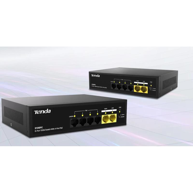 TENDA S106PC 6 Port 4 Port Poe+ 10/100 Mbps + 2 Port Uplink Switch Çelik Kasa Rack Mount 4+2