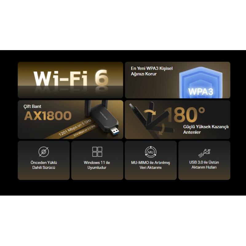 TP-LINK Mercusys MA72XH AX1800 High Gain Wi-Fi 6 Antenli USB Adapter