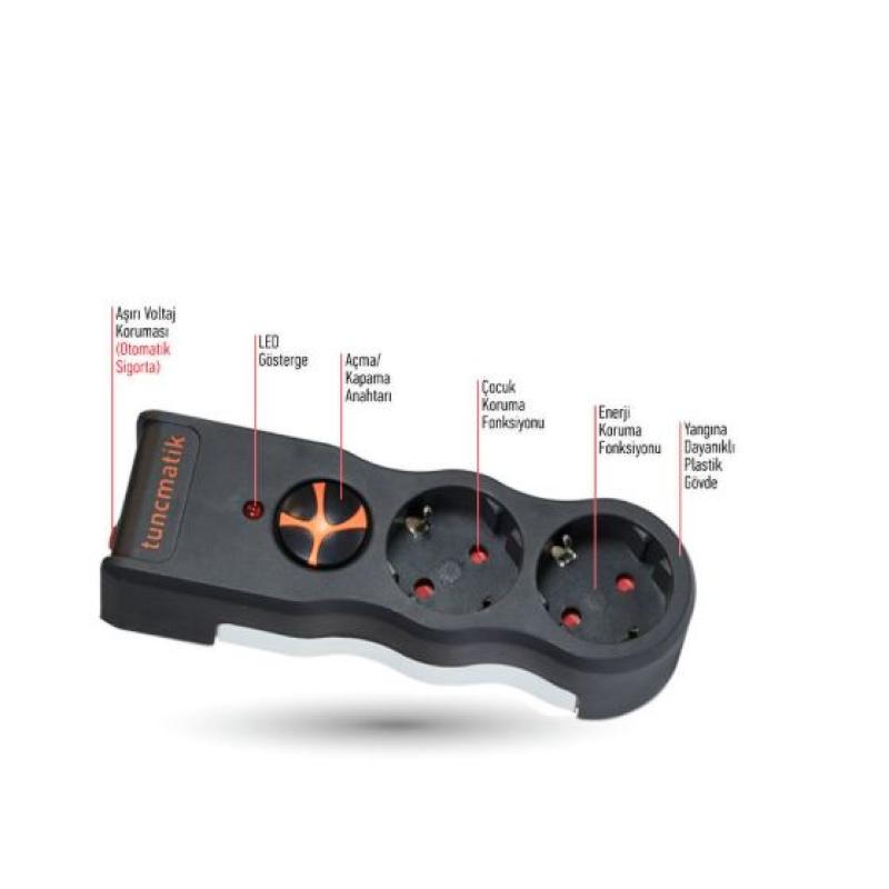 TUNÇMATİK 2Lİ TSK19022 Enerji Koruma Prizi 1050 Joule İkili Siyah 2Lİ  akım koruma