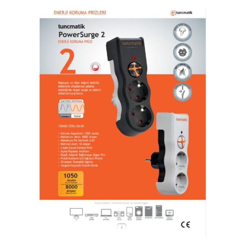 TUNÇMATİK  TSK19021 Powersurge2 Enerji Koruma Prizi 2li 1050 Joule Beyaz  akım koruma